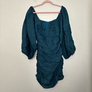 Storia teal ruched bubble sleeve mini dress S nwt